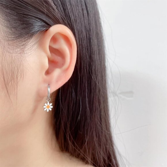 Daisy Small Hoop Flower Charm Earrings for Women - Hypoallergenic Stainless Stee - Picture 5 of 6